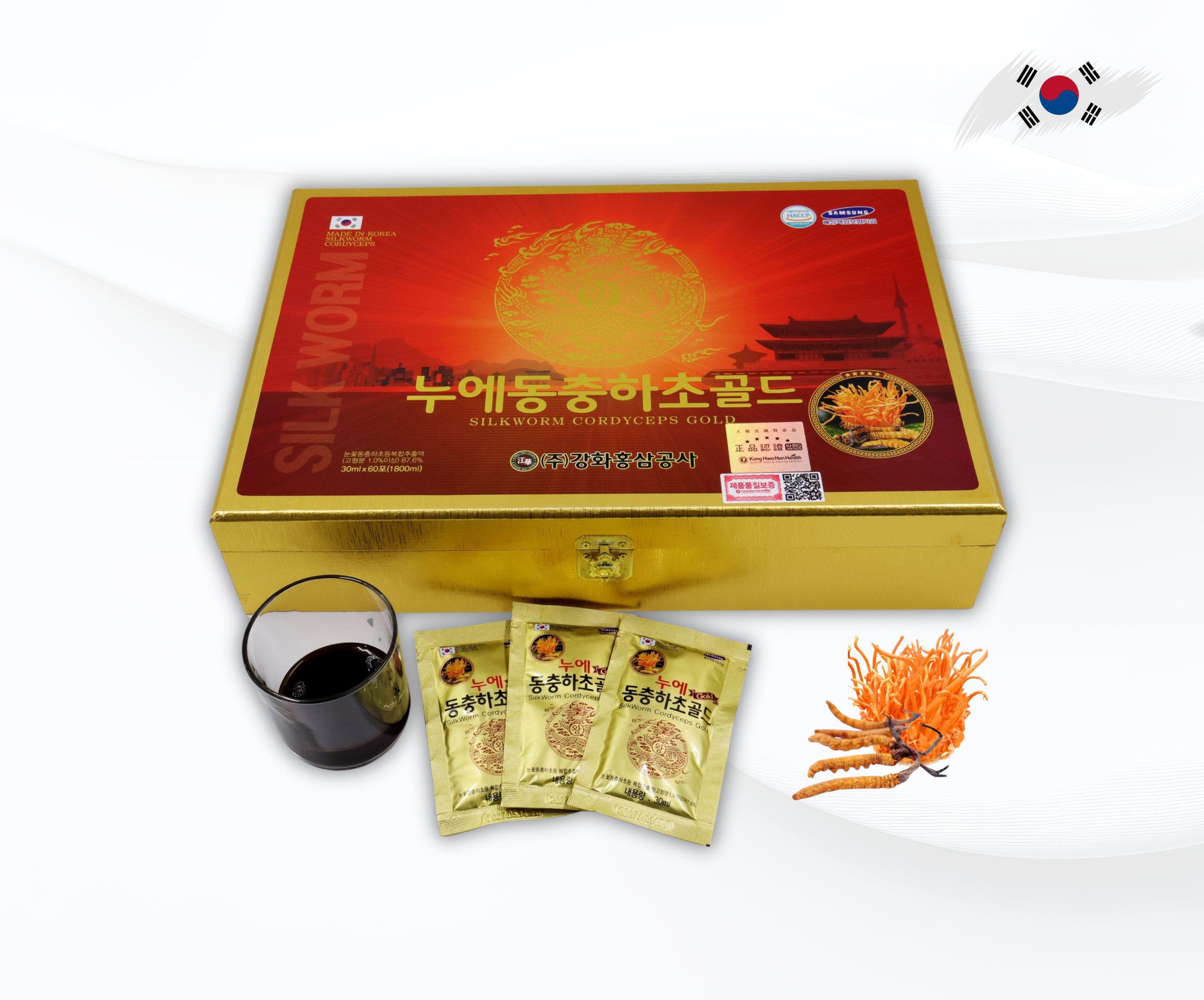 Nước Đông Trùng Hạ Thảo GOLD KING Hàn Quốc Hộp Gỗ Vàng 60 Gói